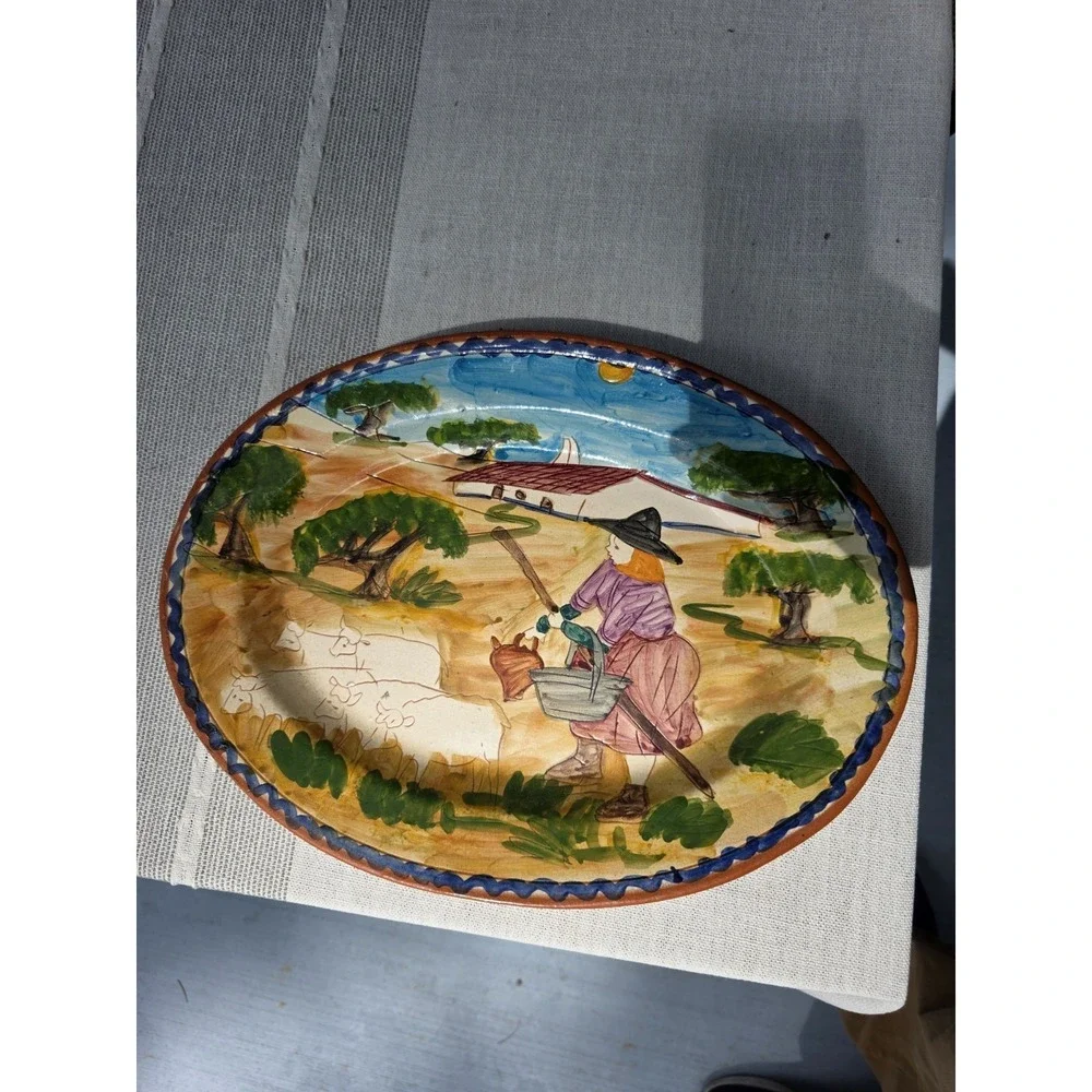 VTG Ovaria Ovar Portugal Hand Painted Pottery Platter‎ Farmer Scene 13x10 Oval